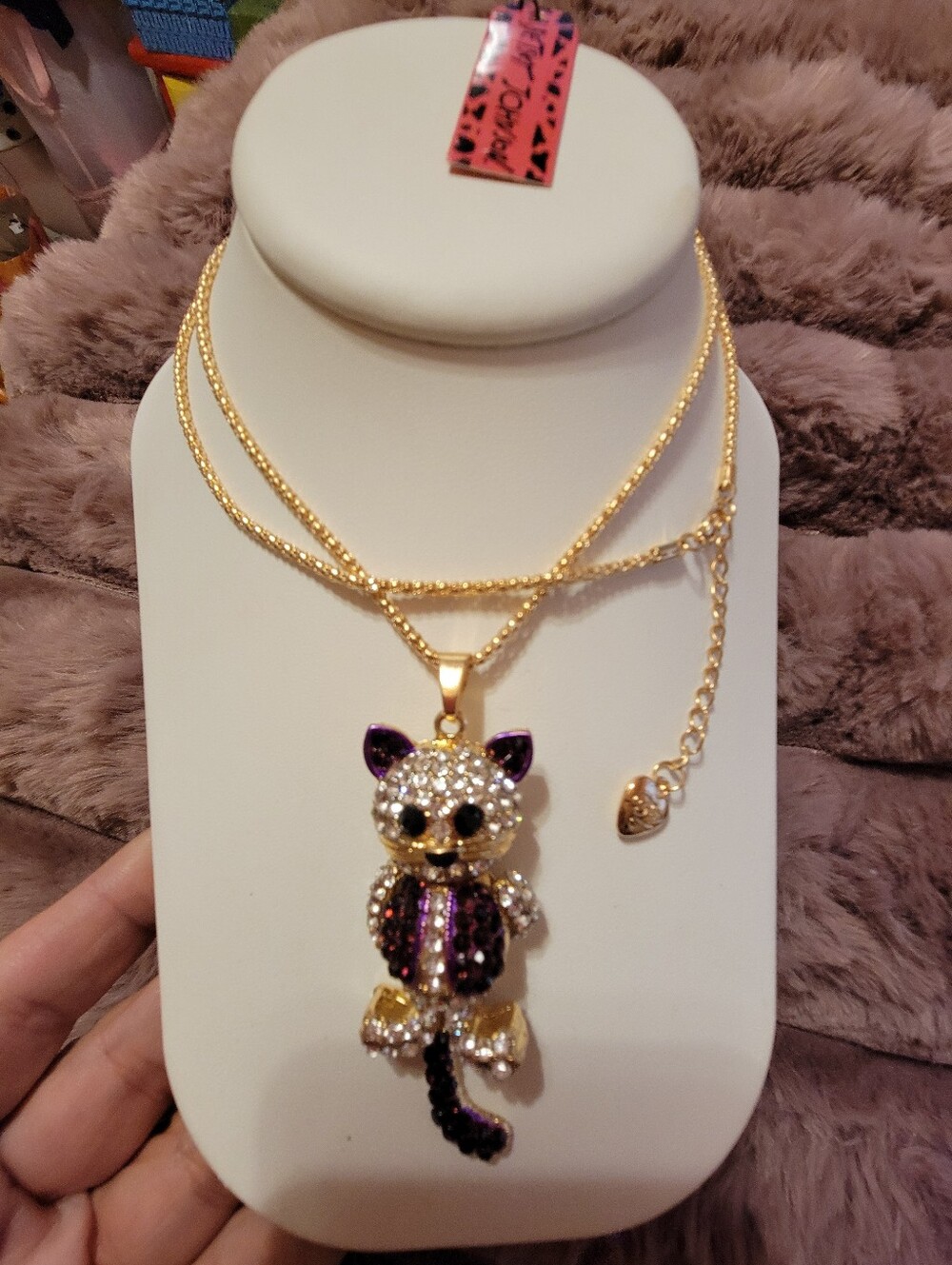 Betsey Johnson Gold-Tone Purple Crystal Cat Pendant Necklace